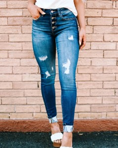 Ripped Skinny Jeans Women’s Washed Breasted Slim Fit Trousers